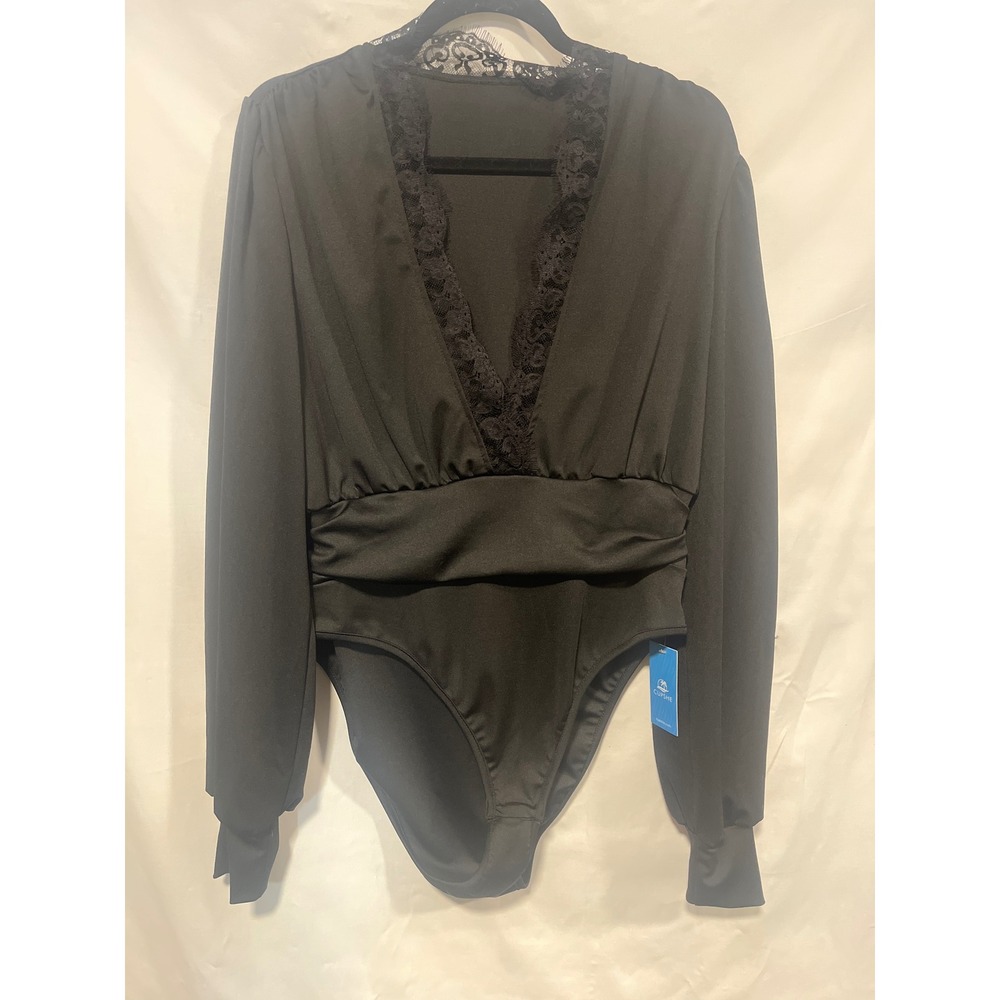 NWT Cups he Black Lace Open Neckline One Piece Swimsuit Long Sleeve Sz Size XL